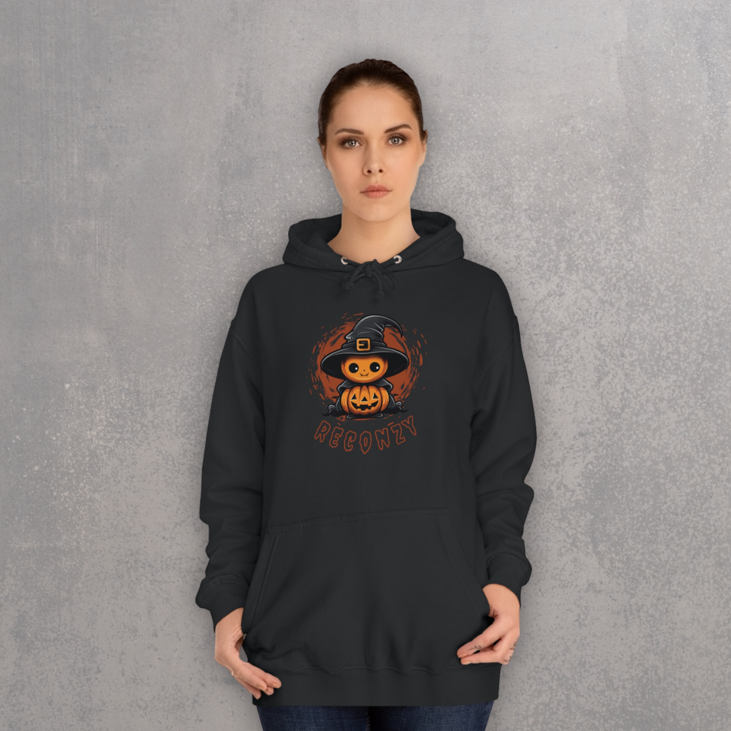 RECONZY Deep Black 'Pumpkin Witch' Pop-Punk Halloween Hoodie - Model View.